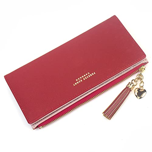 Image of SUMGOGO Wallets for Women Slim Clutch Purse Handbag Card Holder Womens Long Tassel Zipper Pocket Fashion Taiga Leather Billfold Wallet (Red)