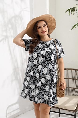 Image of Plus Size Dress for Curvy Women Summer Short Sleeve Casual Floral Printed T Shirt Dress with Pockets 3X, Black+white