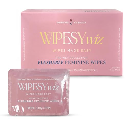 40 Count Flushable Feminine Wipes, Individually Wrapped Intimate Cleansing Wipes for Women | Travel Size For Period and Everyday Hygiene, pH-Balanced, Lightly Scented with Camellia, Chamomile & Aloe