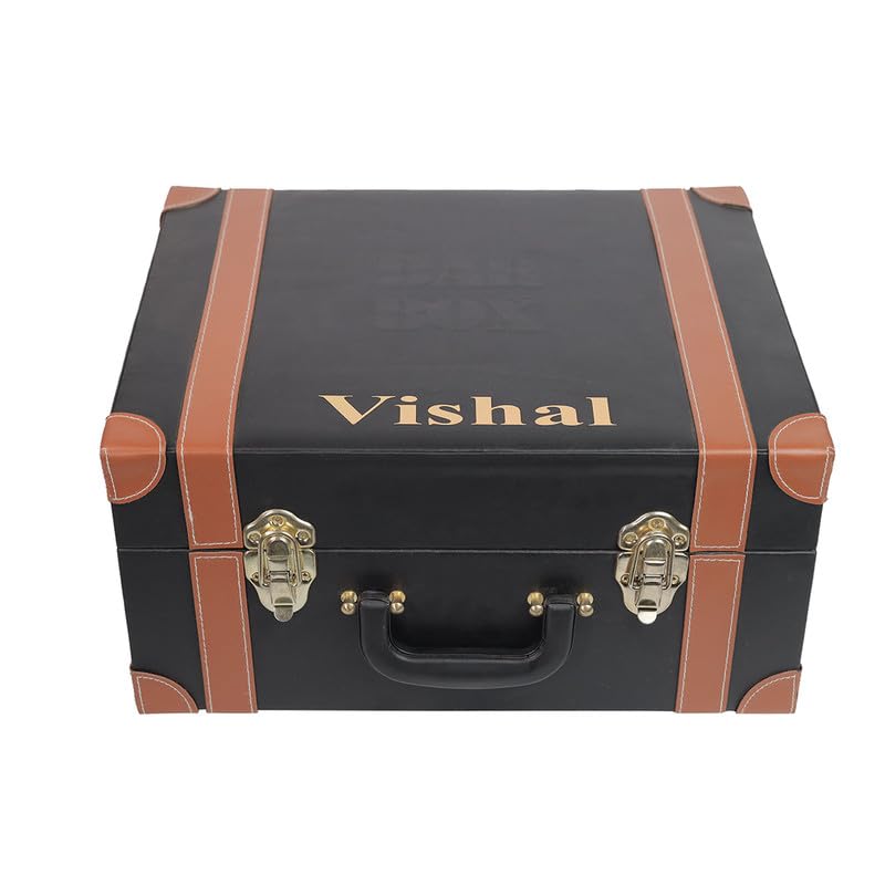 Image of Bar Box Portable Bar Set with 3 Whiskey Glasses, Cocktail Shaker Set, and Bar Tools - Black Leatherette Bar Kit with Stainless Steel Accessories for Home