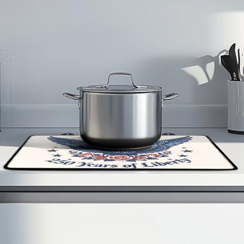 Image of Poceacles USA Theme Stove Top Cover Glass Stove Top Cover Heat Resistant Oil Resistant Cooktop Protector Stovetop Mats for Patriotic Kitchen Decor, Eagle Rose 250 Years Print Beige