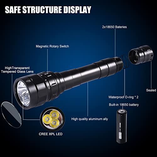 DX30 3100 lumen duiklamp tot 100 m diepte, duiken zaklamp met 3* CREE XPL LED, IPX8 waterdicht onderwater zaklamp oplaadbaar incl. 2 * 18650 accu en oplader - Image 5