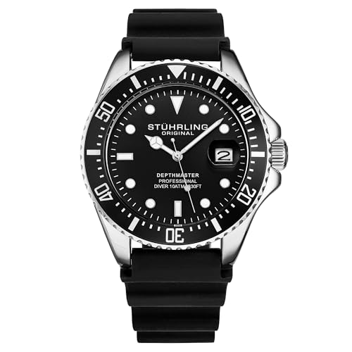 Stuhrling Original Taucheruhr für Herren - Pro Diving Watch - Sportuhren für Herren mit verschraubter Krone wasserdichte Uhr 330 Ft.- Schwarz Analoge Gummiuhr, Quarzuhrwerk (Schwarz)