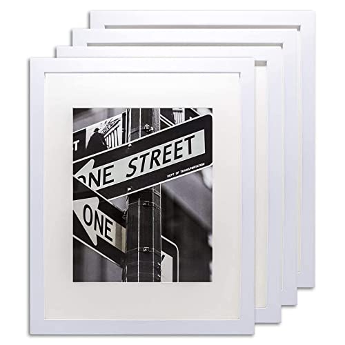 The Display Guys - 4-Pack Minimalist Wooden Picture Frames with Tempered Glass - 16x20 mat to 11x14 - White - Wall Hanging