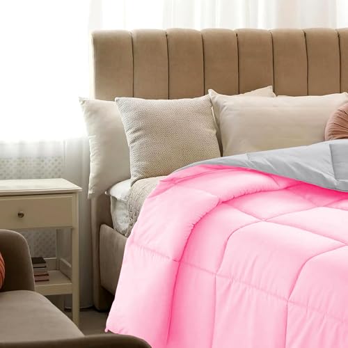 Image of Quilt for All Season 150 GSM Comforter Duvet /Ac Blanket Single Bed Soft Microfiber Lightweight (60 inch X 90 inch Inches) - Single Bed Comforter - Baby Pink /Silver Grey Color