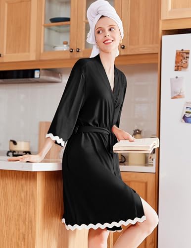 Ekouaer Women Kimono Robe 3/4 Sleeves Loungewear Dress Knee Length Sleepwear Pockets Housecoat Short Bathrobe S-XXL3