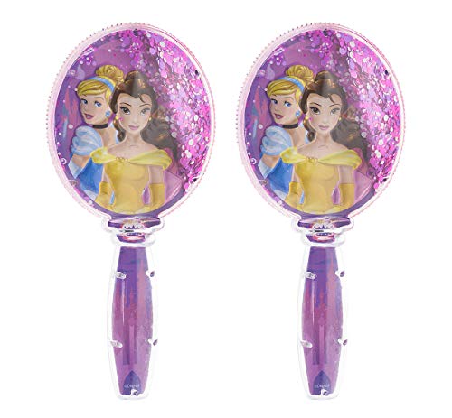 [2-Pack] Disney Princess Girls Glitter Shaker Cushion Paddle Hair Brush Set