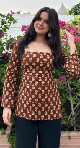 Image of Women's Rayon Printed Short Kurti | Straight Fit Casual Ethnic Top | Square Neck Full Sleeve Ladies Kurti Office College