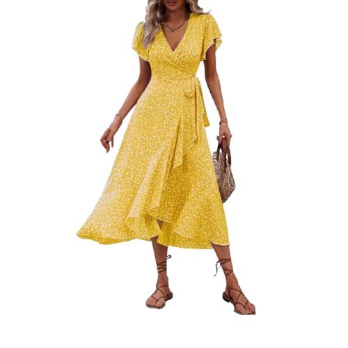 fdsmall Damen Boho Floral Ruffle Ärmel Maxi Kleid Wrap V-Ausschnitt A-Linie Sundress Krawatte Taille Schlitz Strand Midi Kleid (DE/NL/SE/PL,...