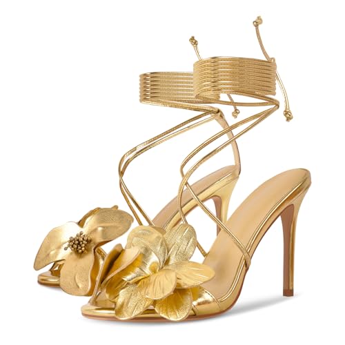 Women's Gladiator High Heels Lace Up Floral Heeled Sandals Round Toe Stilettos