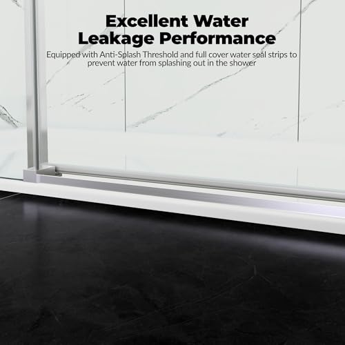 Image of Frameless Sliding Shower Door Enclosure - 56 to 60 Inch Adjustable Width x 76 Inch Height, 8mm Coated Tempered Safety Glass with Easy Clean, Square Stainless Steel Rail, Brushed Finish