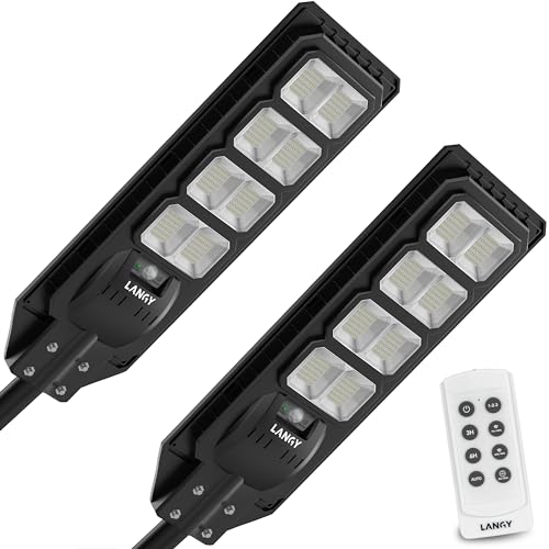 LANGY 2PACK Solar Street Lights Outdoor Lamp 20000 lumens with Remote Control,Dusk to Dawn Motion Sensor,IP65 Waterproof Solar Powered Outdoor Lamp for Parking Lots,Yard,Barn Basketball Court