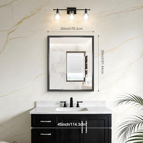 Image of Bathroom Mirror, 36 x 30 inch Brushed Black Rectangle Mirror, 0.6 inch Thickened Deep Metal Frame Rectangular Vanity Mirror for Over Sinks, Tempered Glass, Antirust, Horizontally or Vertically