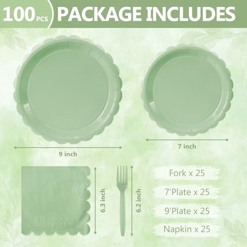 Image of 100 Pcs Sage Green Paper Plates and Napkins Disposable Set for Baby Shower