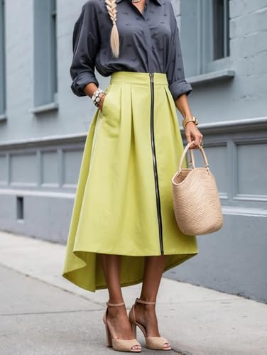 Women's Zip Up Maxi Skirt Asymmetric Hem High Waisted Flowy A Line Skirts Casual Business Work Skirt with Pockets2