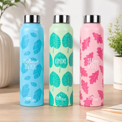 Image of The Better Home Stainless Steel Water Bottle 1 Litre Pack of 3 | Leak Proof, BPA Free, Rust Proof Steel Bottles | Printed Sipper Bottle for Office, Gym, School, Travel, Kids & Adults | Blue Green Pink