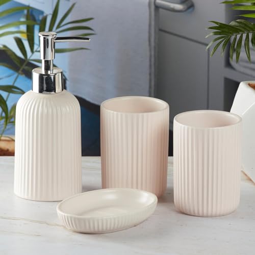 Image of SaSaSa Ceramic Bathroom Accessories Set of 4 Modern Bath Set with Soap Dispenser & Toothbrush Holder, Luxury Home & Gift Idea, Beige (9631)