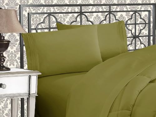Elegant Comfort Luxurious 1500 Premium Hotel Quality Microfiber Three Line Embroidered Softest 5-Piece Bed Sheet Set, Wrinkle and Fade Resistant, Split King, Green