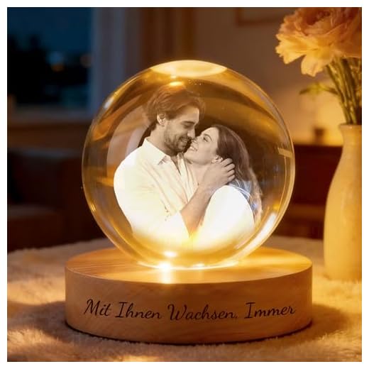 Personalisierte Glaskugel mit LED-Licht Holzsockel 3D Kristallkugel Anpassbare Foto & Text Kugel Personalisierte Valentinstag Jahrestag Geschenk für Frauen Männer Freundin Partner (Weiß)