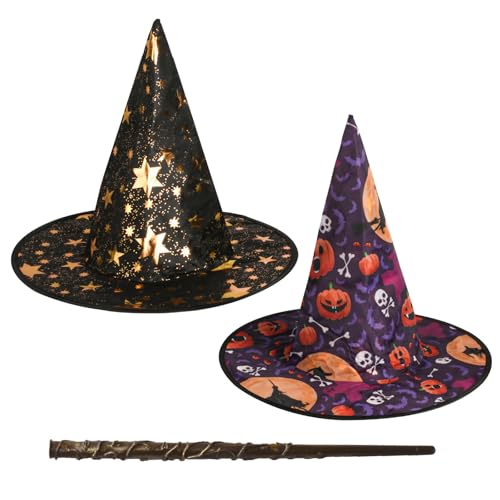2 chapéus de bruxa de Halloween para mulheres, homens e adultos, chapéus de bruxa de Halloween para mulheres, de aba larga, acessórios para festivais, bailes de máscaras, cosplay, chapéu