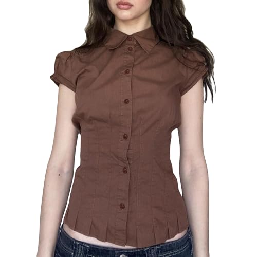 Y2K Button Up Preppy Shirts for Women Short Sleeve V Neck Fitted Crop Tops Cute Slim Fit Going Out Shirts Blouse