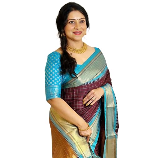 Flosive Women's Present Banarasi Soft Lichi Silk Saree Beautiful Jacquard Rich Pallu Design Work Zari Woven Kanjivaram Silk Style Saree With Soft Lichi Silk Blouse Piece Ayn Royal Mix (Blue)
