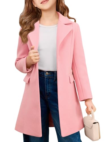 Haloumoning Girls Dress Coat Kids Single-Button Lapel Wool Blend Long Winter Jackets with Pockets 5-14 Years