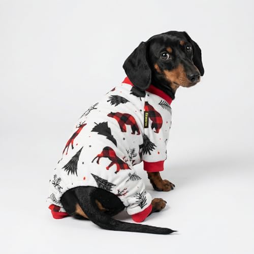 Image of Fitwarm Reindeer Dog Christmas Pajamas, Winter Doggy Clothes for Small Dogs Boy Girl, Fleece Dog Onesie with Feet, Holiday Pet Outfit, Black, White, Red, XXL