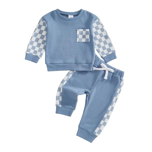 Image of Sejardin Toddler Baby Boy Waffle Clothes Contrast Color Fall Winter Outfit Long Sleeve Sweatshirt and Stretch Pants 2Pcs Set