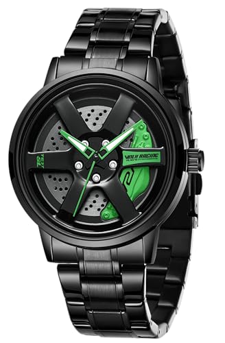 Image of V2A Velocity Wheel Rolling Series Men's Analog Watch Open Dial Watch - Car Wheel-Inspired Design, Hollow Out Elegance Casual Watch for Men | Gift for Men (Black-Green)