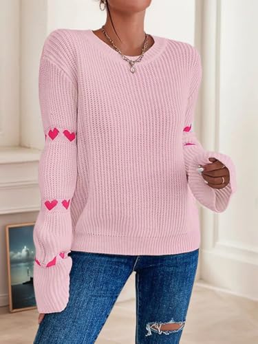 Image of Women's Casual Heart Cute Sweater Round Neck Drop Shoulder Long Sleeve Knitted Pullover Sweater Top