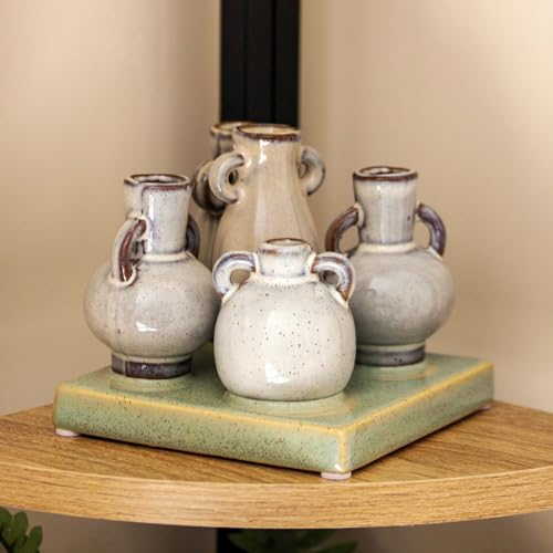 Image of Mini Ceramic Urn Vase Cluster, Speckle Finish, 5 Stem Pots on Square Base, W12cm x H11cm x D12cm
