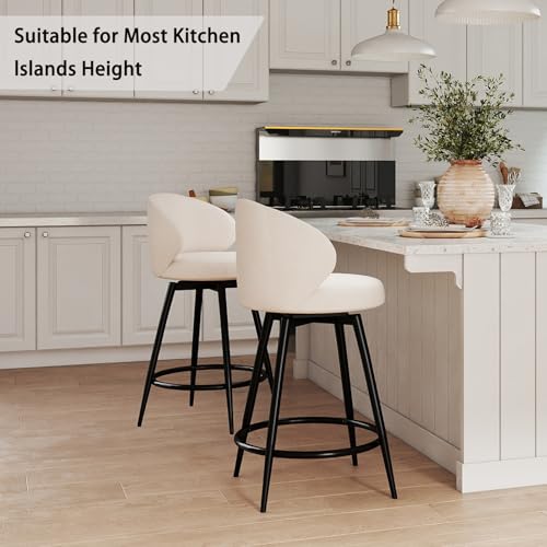 Image of Bar Stools Set of 2, 360 Swivel Breathable Fabric Kitchen Counter Height Stools, 26 inch Upholstered Bar Chair for Kitchen Islands, Restaurant, Ivory