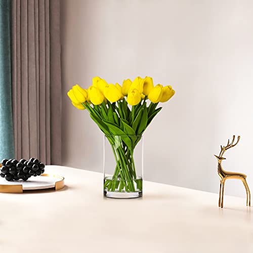 Enova Floral 20 Pieces Yellow Real Touch Tulips Artificial Flowers In Vase, Fake Tulips Arrangements With Vase And Faux Water For Home Wedding Decoration, Dining Table (Yellow) #TOP1