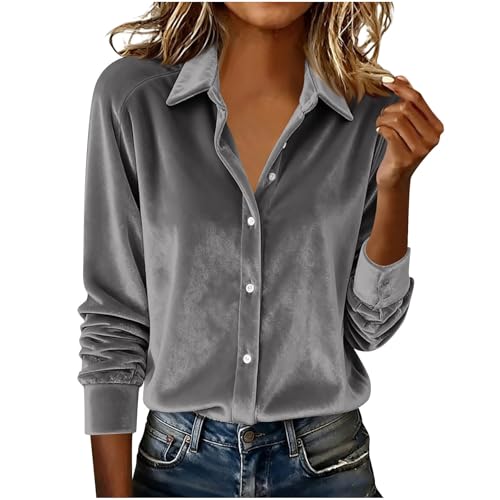 Button Down Velvet Shirts for Women Fashion Classic Fit Dress Shirt Work Business Casual Long Sleeve Blouse Tops Gray