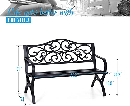 PHI VILLA 50-Inch Cast Iron Steel Frame Garden Bench Outdoor Patio Bench Chair w/Floral Design Backrest, Slatted Seat for Park, Yard & Porch, Black PHI VILLA 50-Inch Cast Iron Steel Frame Garden Bench Outdoor Patio Bench Chair w/Floral Design Backrest, Slatted Seat for Park, Yard & Porch, Black