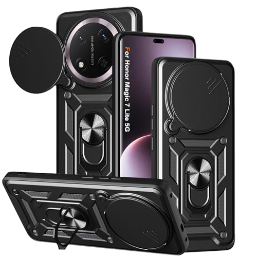 Cover per Honor Magic 7 Lite, Slide Protezione Fotocamera, Armatura Cover con 360 Gradi Girevole Anello Metallo Magnetica Supporto Silicone Antiurto Custodia per Magic 7 Lite,Nero