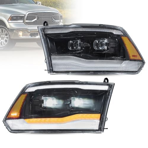 VLAND LED Dual Beam Projector Headlights For 2009-2018 Dodge RAM 1500/2500 / 3500 & 2019-2021 RAM 1500 Classic, W/Dynamic Startup Animation, Amber Reflecor