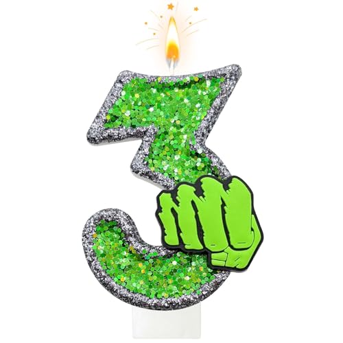 ToonGlow Cartoon Hero Birthday Number Candle Green Fist Birthday Candles for Cake Green Glitter Number 3 Candle Cake Topper with Sequins for Cupcake Topper Party Favors Decor Supplies