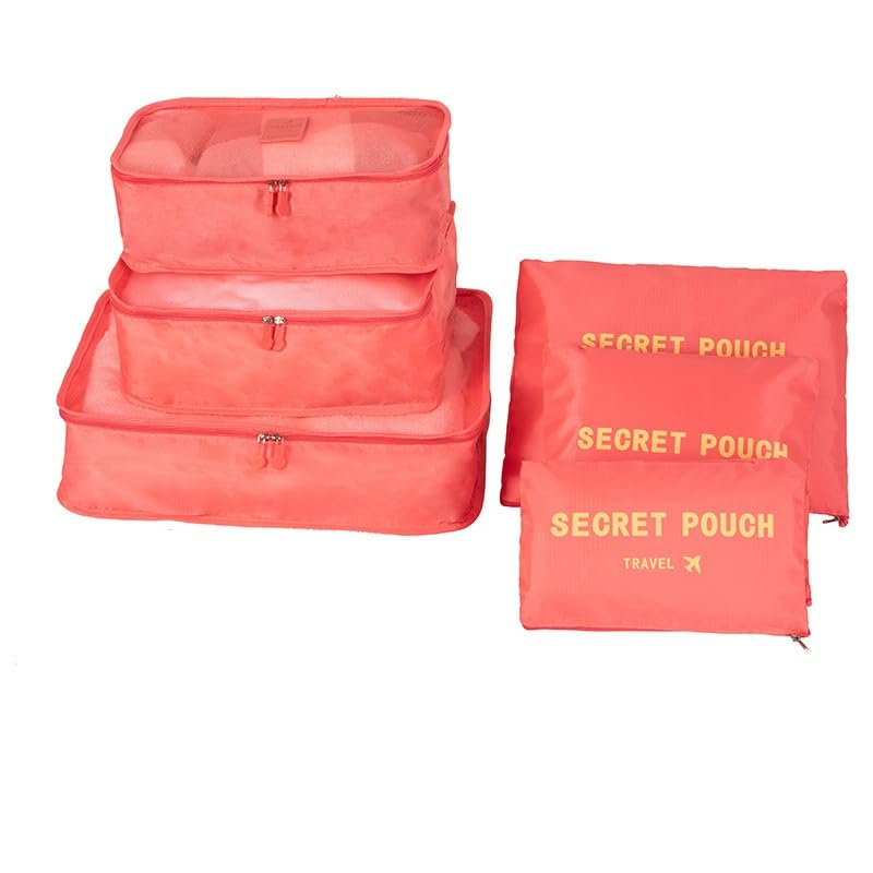 Image of 6 in 1 Polyester Secret Pouch Travel Bag Packing Cubes Laundry Bag with Undergarments & Cloth Storage Organizer Travelling Set /Suitcase Cloth Cube Bag (ROZE RED 6 in 1 Travel Bag)
