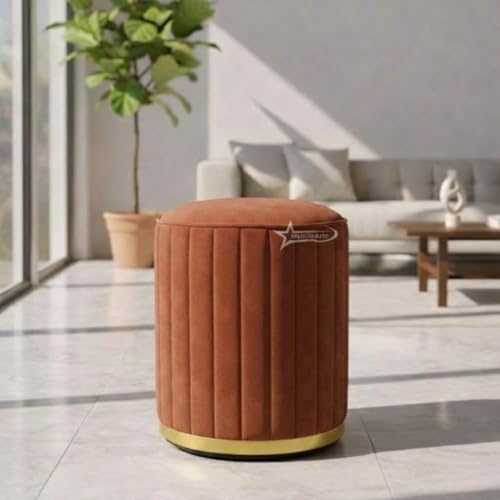 Image of Upholstered Round Linen Strip Stool Living Room Foot Rest Office Stool Pouf Ottoman Padded Seat (Coffee)