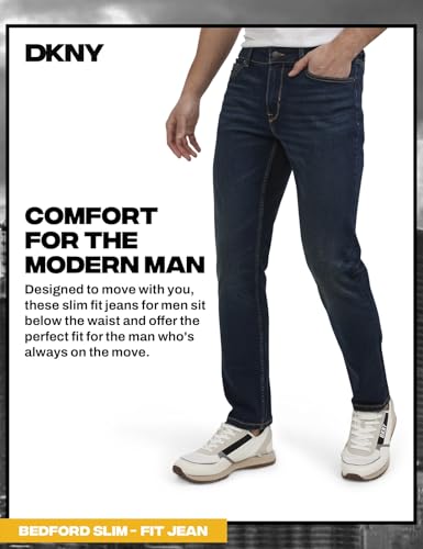 Image of DKNY Bedford Slim Fit Jeans for Men - Tapered Leg Stretch Denim Pants, Classic 5-Pocket Styling | Mens Slim Fit Jeans