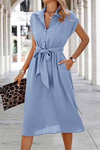 Image of ECOWISH Womens Casual Midi Dresses Solid V Neck Short Sleeve Button Shirt Belted Dress with Pockets for Spring Summer 2026