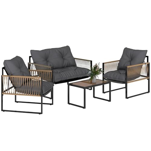 Outsunny Conjunto Jardín Exterior de Ratán, Muebles Jardín Exterior para 4 Piezas, Muebles Terraza con 1 Sofá de 2 Plazas, 2 Sillones, Cojines y 1 Mesa de Tablero de Vidrio, para Patio, Gris y Marrón