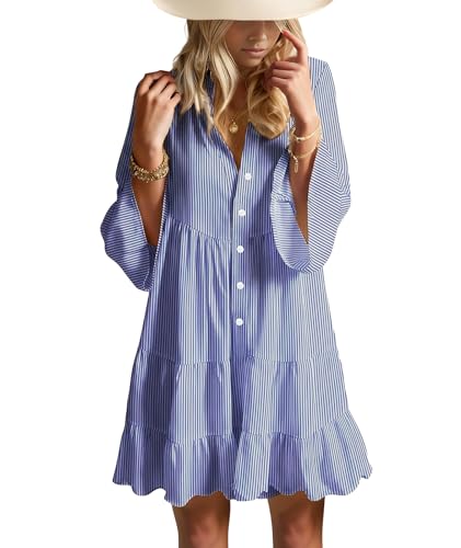 Image of Opemiby Summer Dresses for Women 2026 Flowy Ruffle 3 /4 Sleeve V Neck Tiered Casual Babydoll Boho Beach Mini Dress
