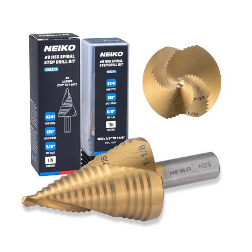Image of NEIKO 10627A Step Drill Bit, 2 Steps 7 /8 inch to 1-1 /8 inch Spiral High Speed Steel, Titanium Nitride Coated, 3 /8 inch Tri-Flat Step Bits for Steel, Metal, Wood, Plastic, Unibit Cone Drill Bits, Two Flute