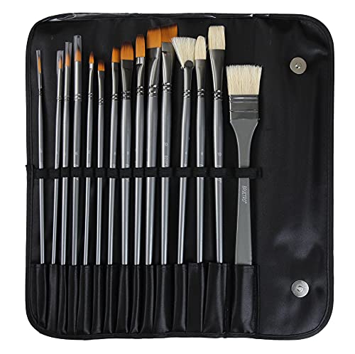 Image of Brustro Artists Mixed Hair Brush - Set of 15 (5 Flat, 1 Fan, 4 Round, 4 Filbert, 1 Angle) in PU Bag | Long Handle, Suitable for Oil Paints, Acrylic Paints, Watercolour.
