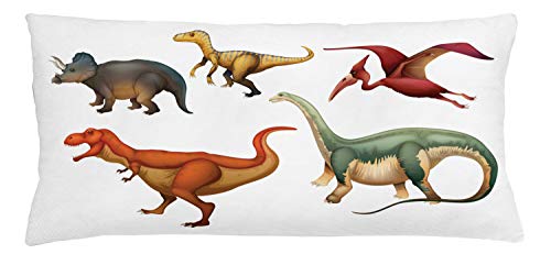Lunarable Dinosaur Throw Pillow Cushion Cover, Variety of Dinosaurs Displayed on White Background Cartoon Style Illustrations, Decorative Rectangle Accent Pillow Case, 36