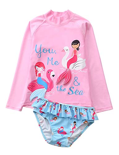 Hilor Girl's Two Piece Swimsuits Long Sleeves Rashguard UPF 50+ Tankini Set Bathing Suits Pink Blue Mermaid 5-6 Years