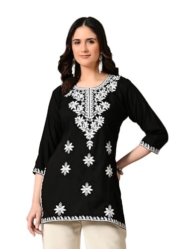 Image of LIBOZA Women's Chikankari Embroidered Short Kurti, Rayon Fabric, Three-Quarter Sleeves, Available in Pink, Black, Mustard Yellow, White, Pista and Green
